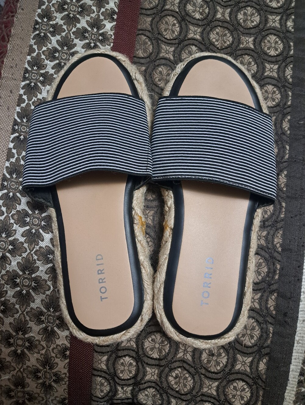 Torrid Black and White Striped Slide Sandals with Tan Footbed - 9.5W